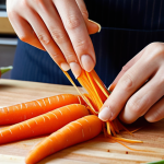 **

Close-up shot of hands demonstrating the julienne cutting technique on carrots, emphasizing uniform, thin strips. Focus on the knife skills and vibrant color of the vegetables. Background: a clean, professional kitchen setting.

**