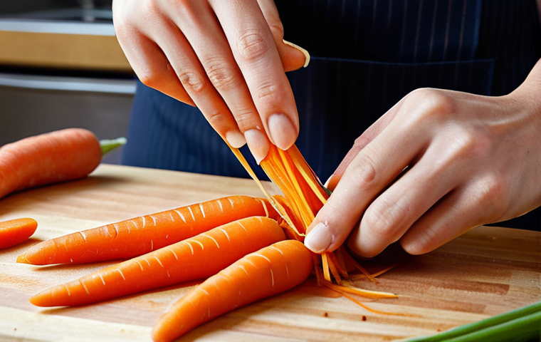 **

Close-up shot of hands demonstrating the julienne cutting technique on carrots, emphasizing uniform, thin strips. Focus on the knife skills and vibrant color of the vegetables. Background: a clean, professional kitchen setting.

**