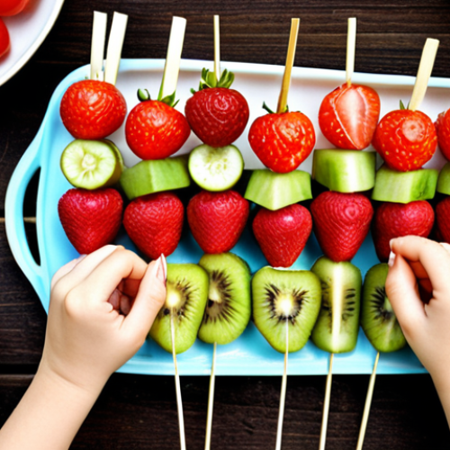 Home 6 **A vibrant, overhead shot of colorful fruit and vegetable skewers arranged on a rustic wooden table. Kids' hands are reaching for the skewers. The skewers contain strawberries, kiwi, grapes, cheese cubes, carrots, cucumbers, and cherry tomatoes. Decorative toothpicks with party themes add a playful touch.**