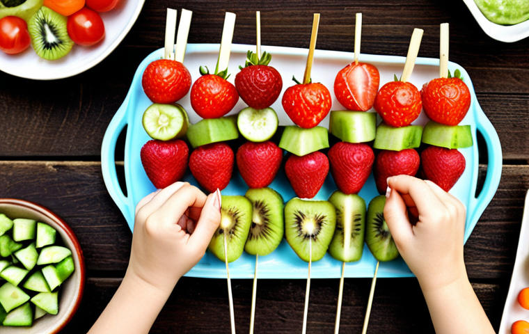 **A vibrant, overhead shot of colorful fruit and vegetable skewers arranged on a rustic wooden table. Kids' hands are reaching for the skewers. The skewers contain strawberries, kiwi, grapes, cheese cubes, carrots, cucumbers, and cherry tomatoes. Decorative toothpicks with party themes add a playful touch.**